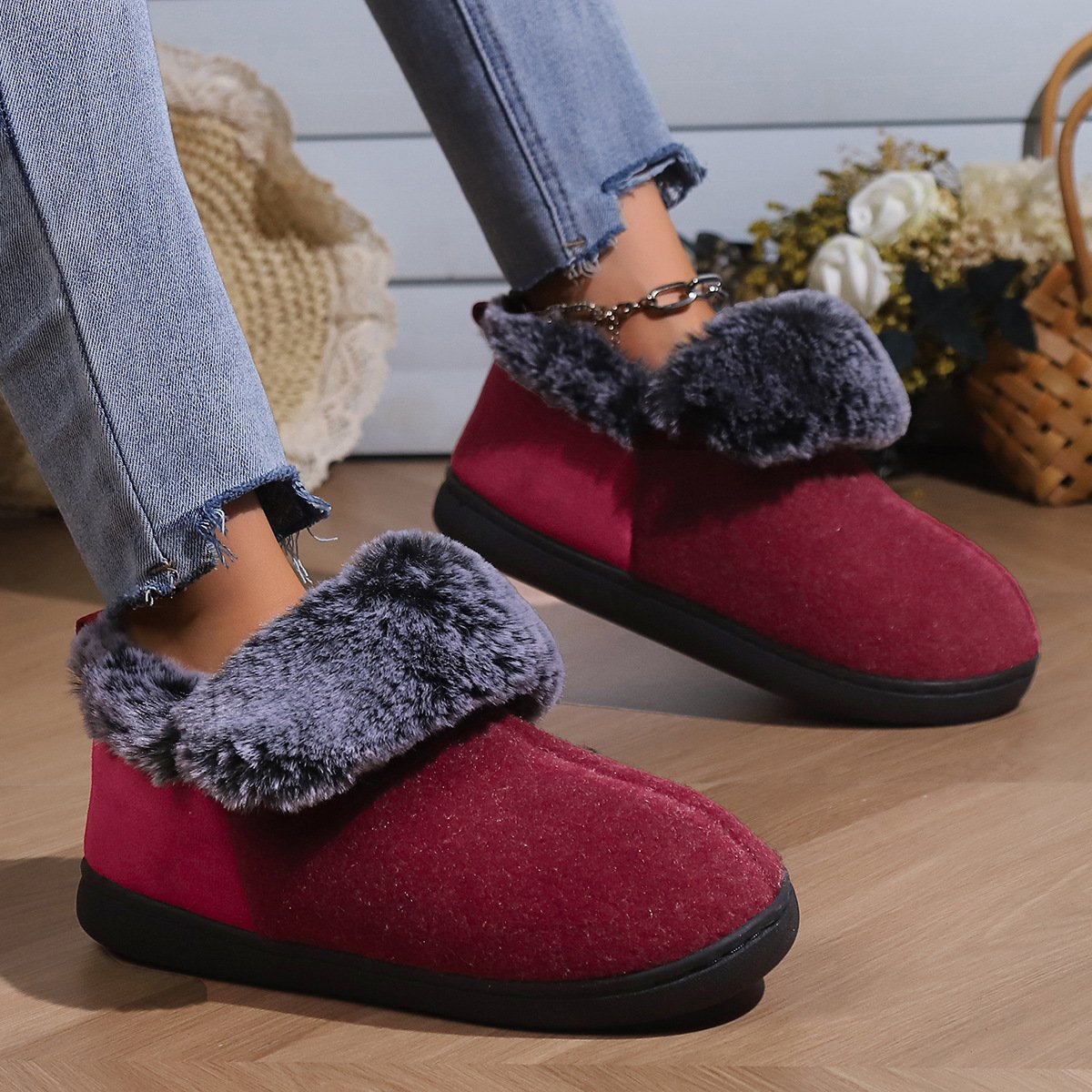 Neutral Felt Fur Collar Heel Cotton Shoes Wine Red Winter Indoor Shoes Comfortable Memory Foam - Image 4