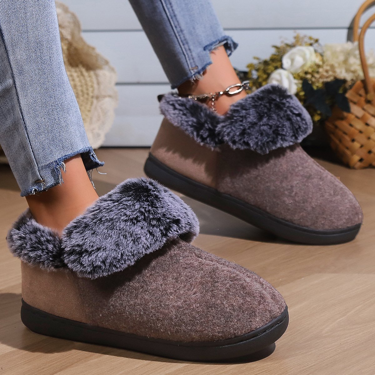 Neutral Felt Fur Collar Heel Cotton Shoes Wine Red Winter Indoor Shoes Comfortable Memory Foam - Image 3