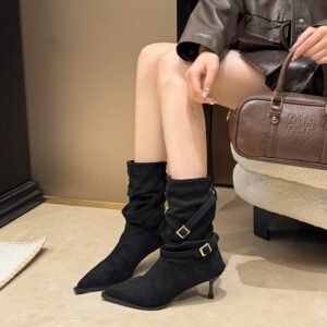 Fashionable And Versatile Pointed Toe Stiletto Heel Suede French Slim Ankle Boots